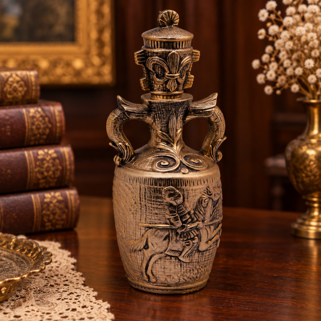Front view of a vintage golden bronze musical decanter bottle with a medieval knight on horseback relief design and a fleur-de-lis cap.