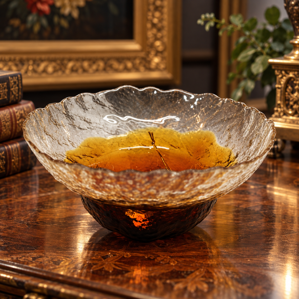 Vintage Mid-Century Finnish art glass bowl or vase designed by Pertti Santalahti for Humppila, featuring a textured ice-like clear scalloped upper rim seamlessly fading into a dark amber brown ribbed pedestal base.
