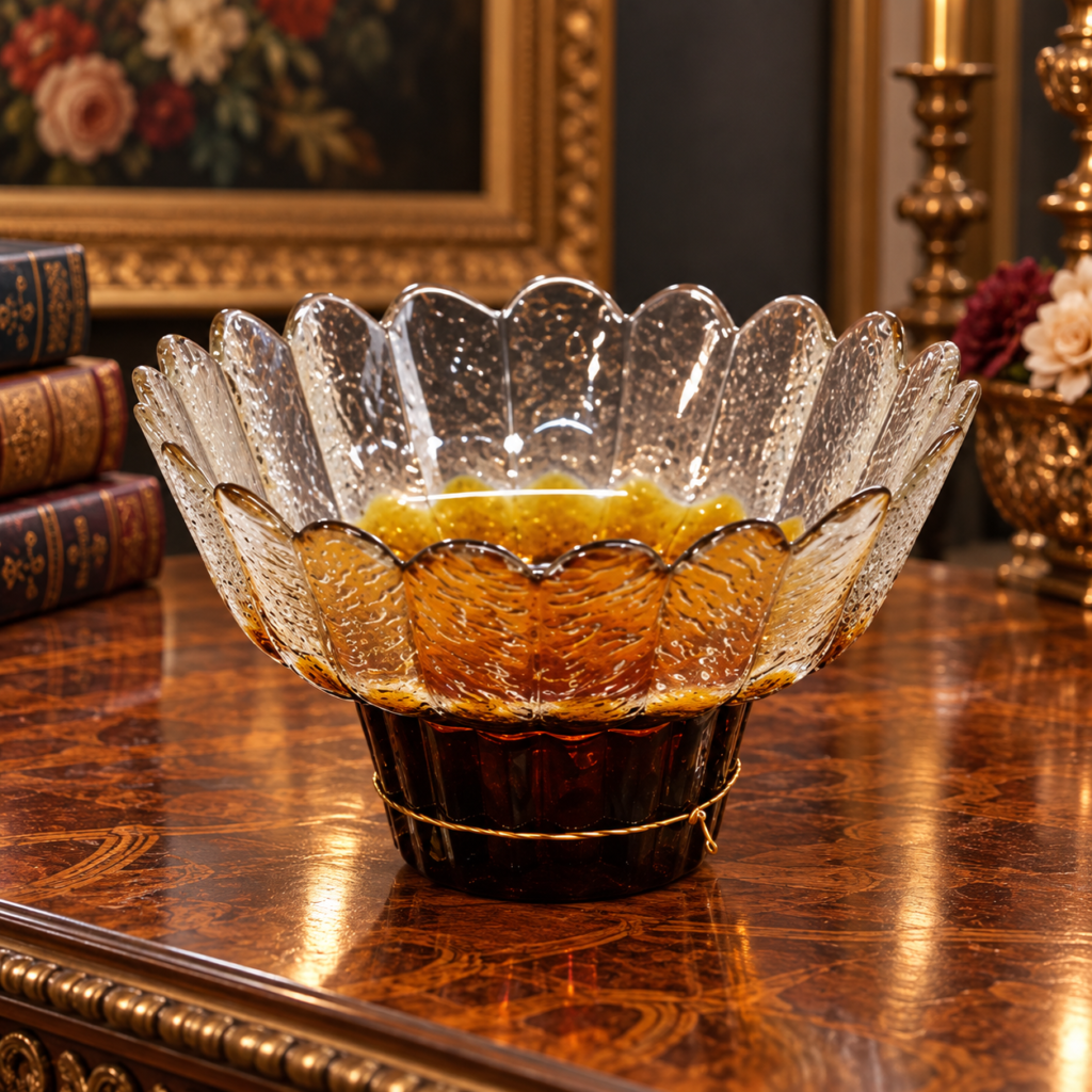 Mid-Century Finnish art glass bowl from the Kruunu series designed by Pertti Santalahti for Humppila, showcasing a scalloped flower crown clear upper rim fading into a deep ribbed amber brown pedestal base.