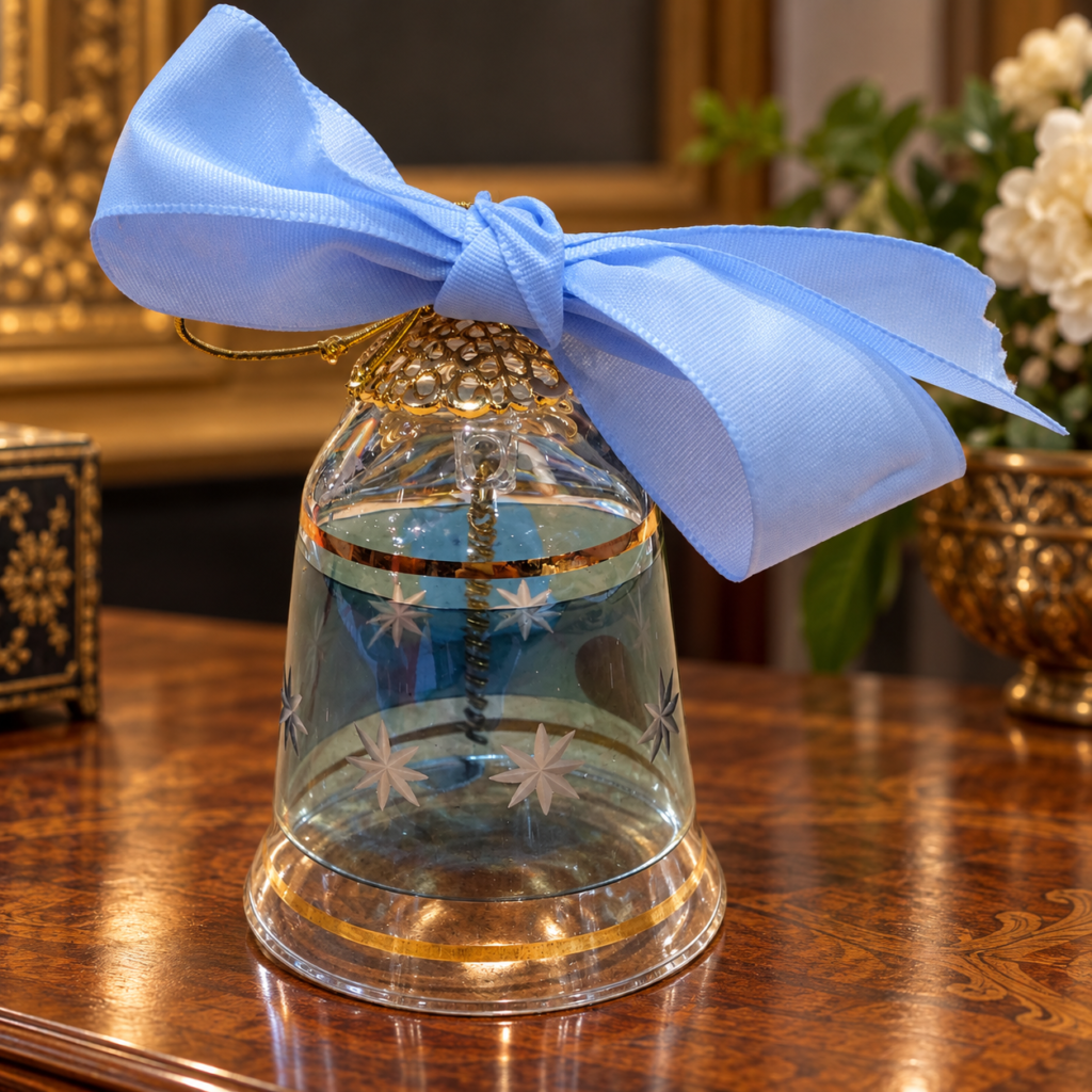 Vintage hand-blown teal blue glass bell holiday ornament featuring hand-painted gold gilt bands and frosted etched starburst patterns, topped with an ornate gold filigree cap and a light blue fabric ribbon bow.