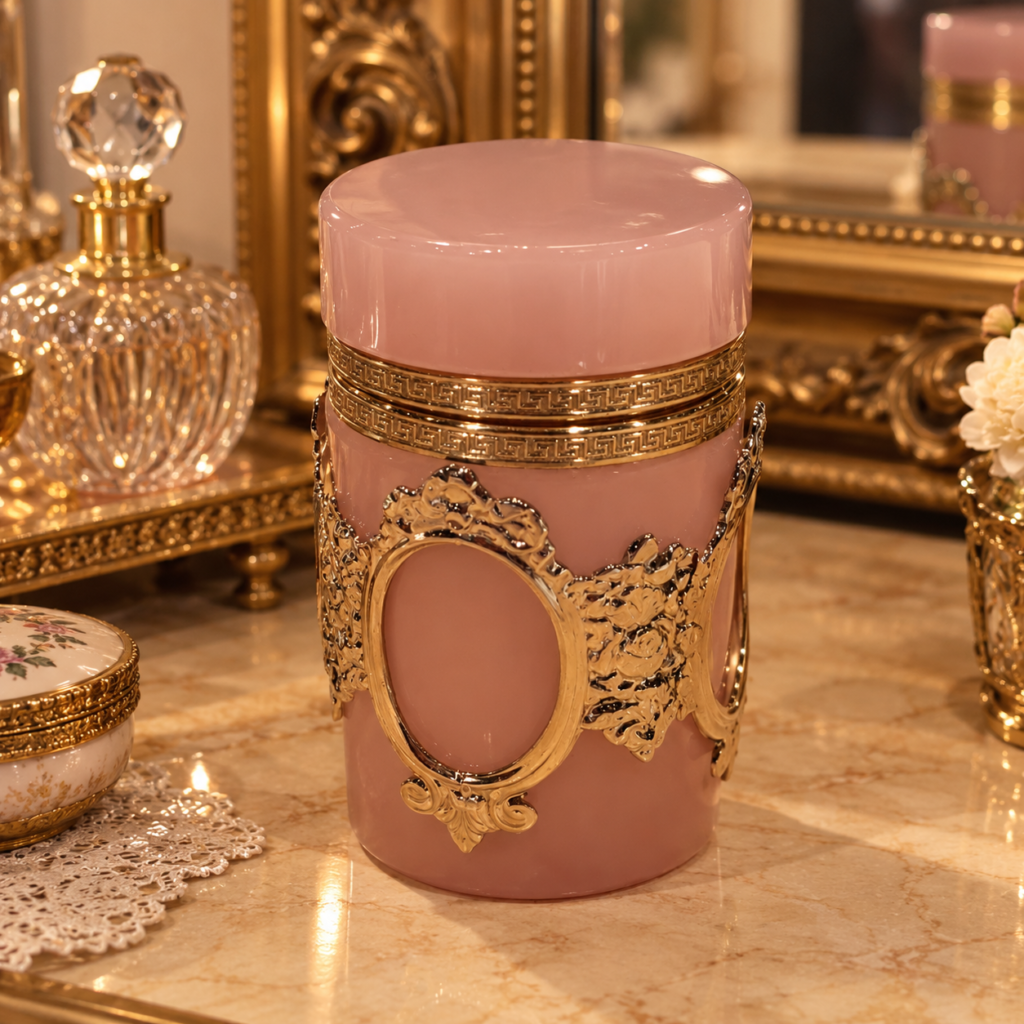 Luxurious vintage Victorian-style cylindrical vanity jar made of soft satin pink glass, wrapped in an ornate gold-gilt filigree metal frame featuring an embossed Greek key border and a central oval portrait medallion frame.