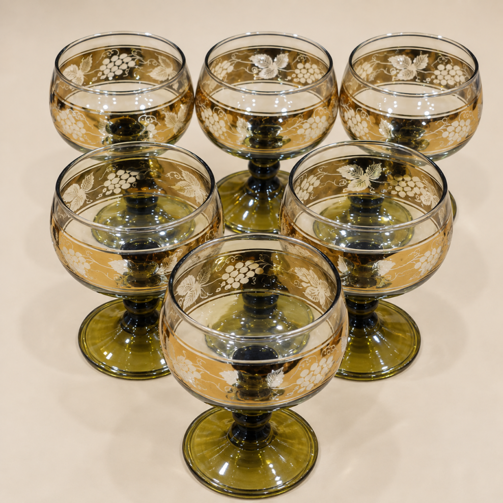 Set of six vintage German Roemer wine glasses featuring clear rounded bowls adorned with hand-painted gold grape clusters and vine leaves, supported by traditional ribbed olive green beehive pedestal stems.
