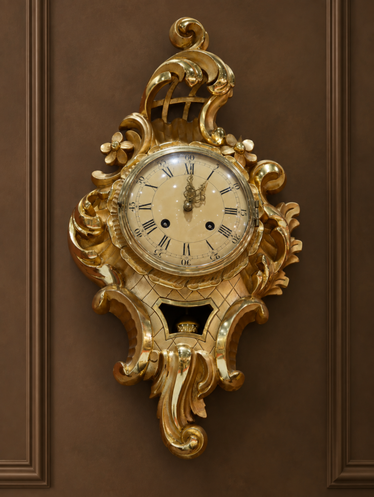 Front view of an antique Swedish Rococo cartel wall clock with a heavily hand-carved gold giltwood frame and a cream Roman numeral dial by Westerstrand