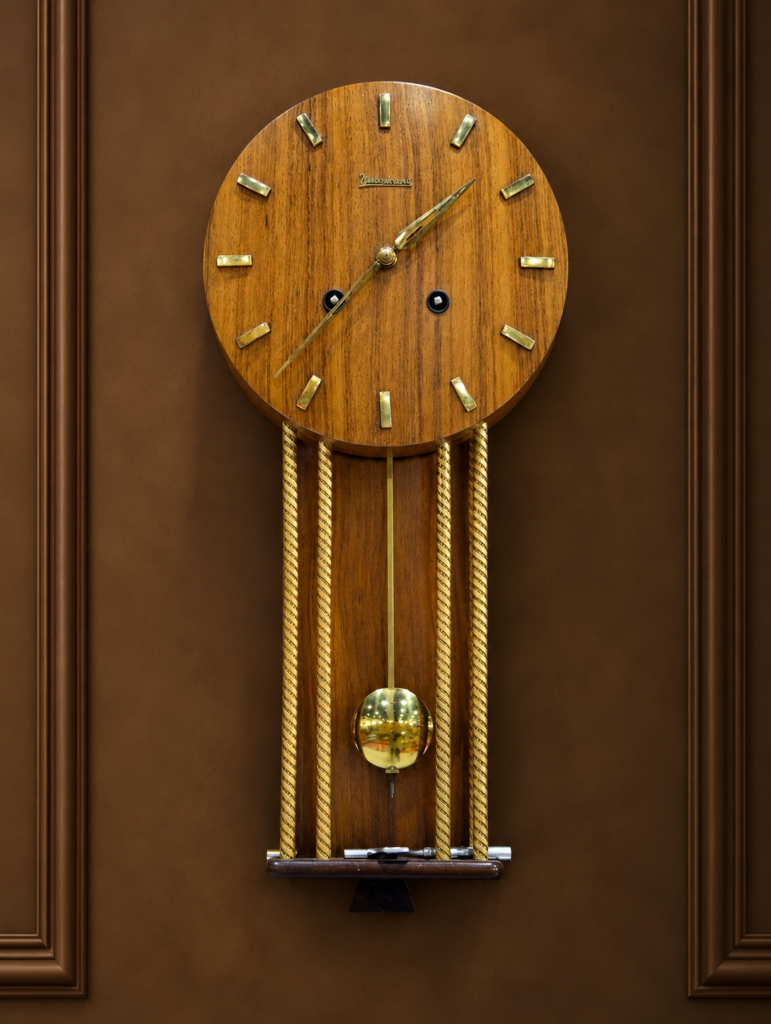 Mid-century modern Swedish Westerstrand wall clock made of round teak wood with brass indices and gold rope columns framing a swinging pendulum.