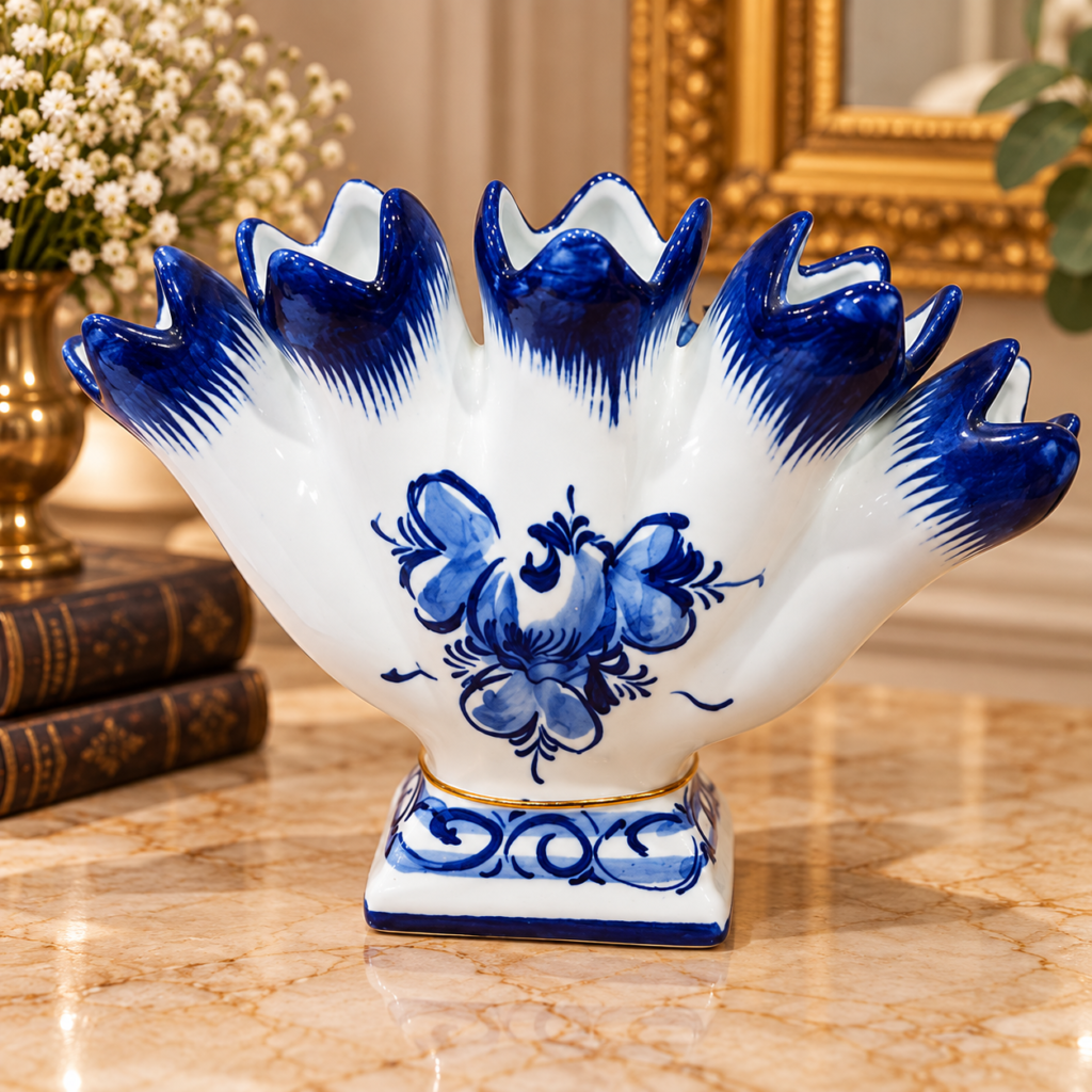 Vintage Portuguese blue and white ceramic five-finger tulipiere vase hand-painted with floral motifs on a tan background.