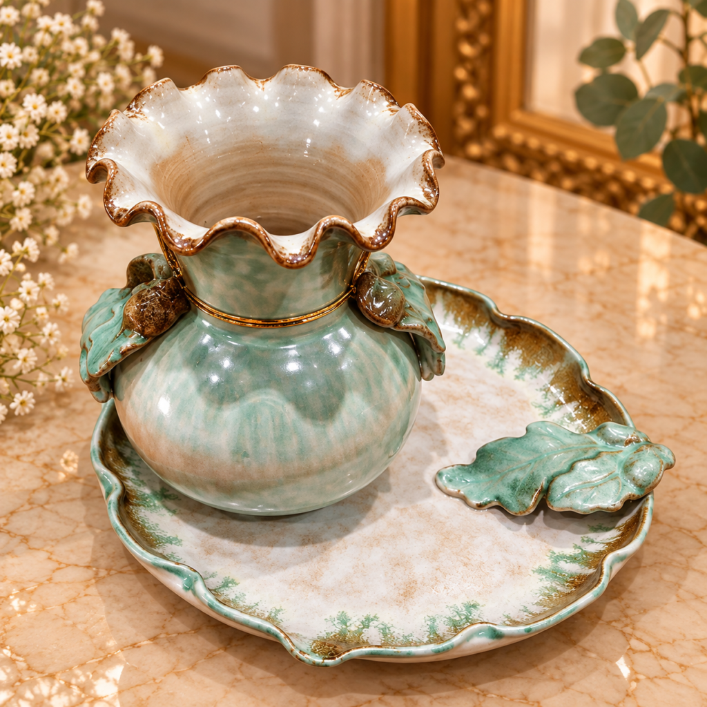 Vintage Swedish Töreboda ceramic ewer vase and matching basin set with ruffled edges and sculpted green oak leaves designed by Christer Heijl.