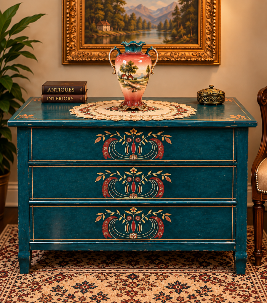 Vintage mid-century hand-painted blue wooden commode chest with 3 drawers decorated with symmetrical folk art floral stencils.