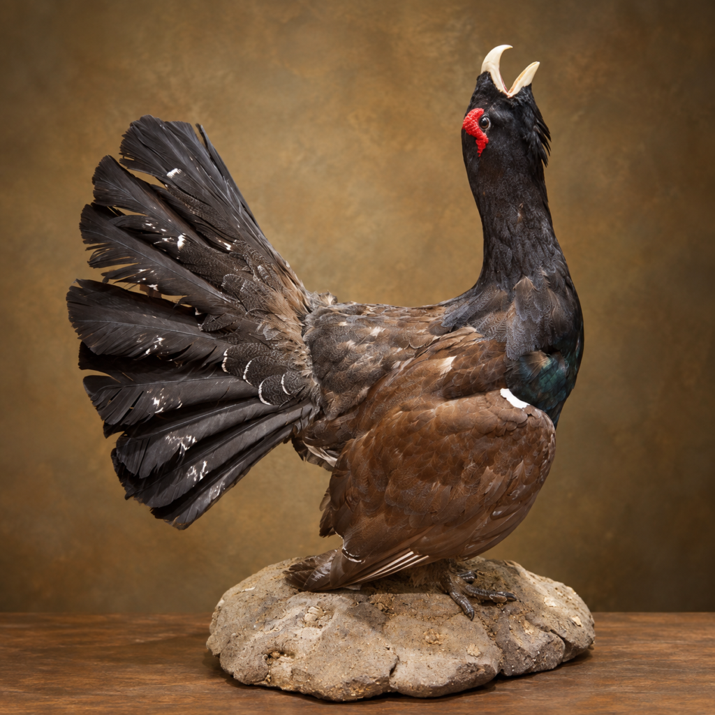 A full-body vintage taxidermy mount of a male Western Capercaillie wood grouse in a calling pose with a fanned tail, mounted on a rustic stone-style base.