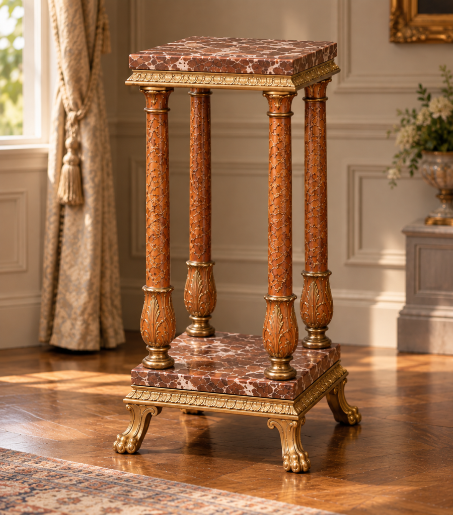 An antique French Louis XVI style pedestal stand table crafted from rich reddish Rouge marble and ornate gilt bronze ormolu mounts, supporting a porcelain jardinière.