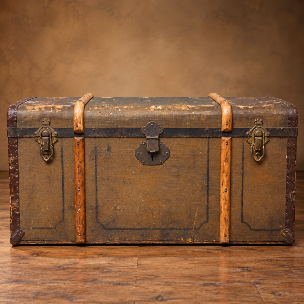 An antique late 19th-century dome-top wooden steamer trunk with iron latches and vertical hardwood slats, set against a classic rustic interior.