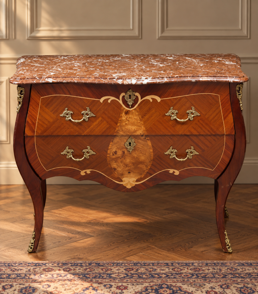 An antique French Louis XV style bombé commode chest featuring intricate wood marquetry, two drawers with brass rococo handles, and a polished reddish Rouge marble top.