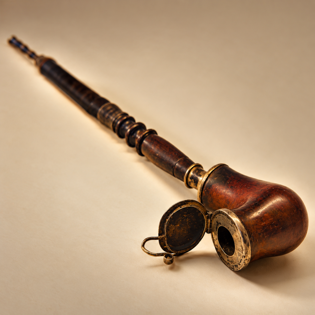 An antique 19th-century long wooden smoking pipe with a detailed turned stem and an open, hinged metal windcap on the bowl.