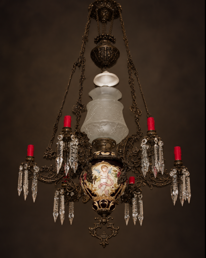 Front view of an antique Victorian hanging library chandelier with a black and gold majolica ceramic body featuring sculpted cherubs, a brass frame, and a milk glass shade.
