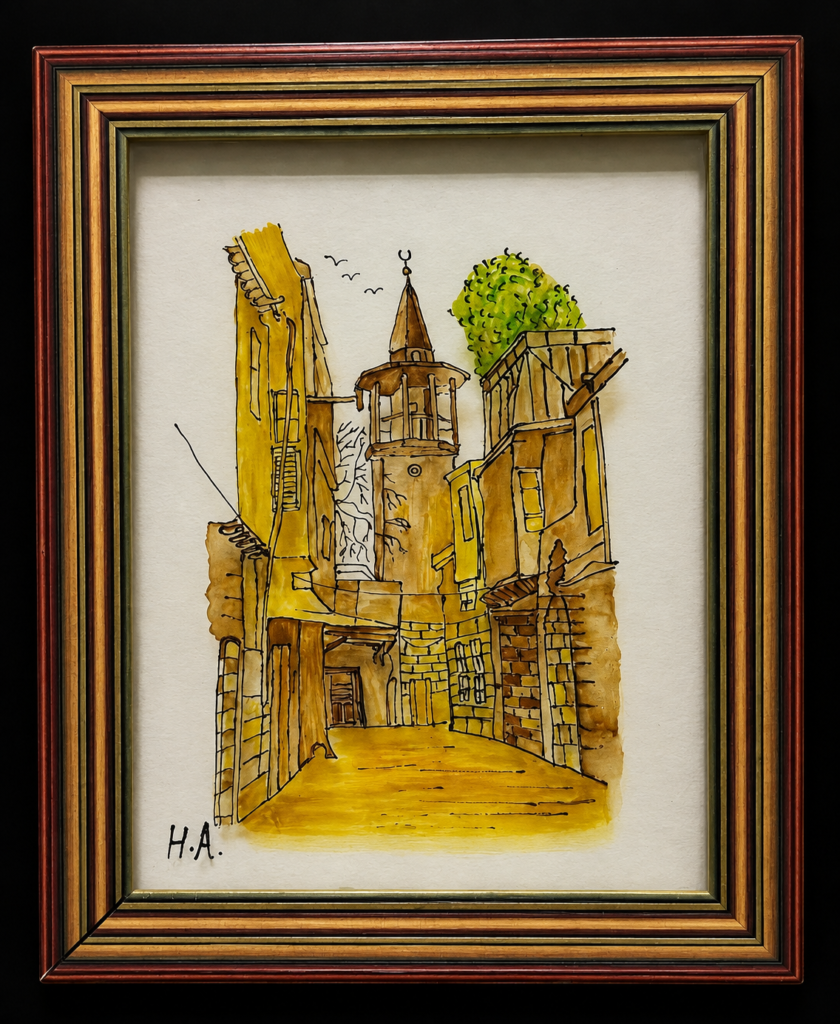 Front view of a framed watercolor and ink painting of a narrow Old Damascus street with yellow historic buildings leading to an ancient mosque minaret, signed H.A.