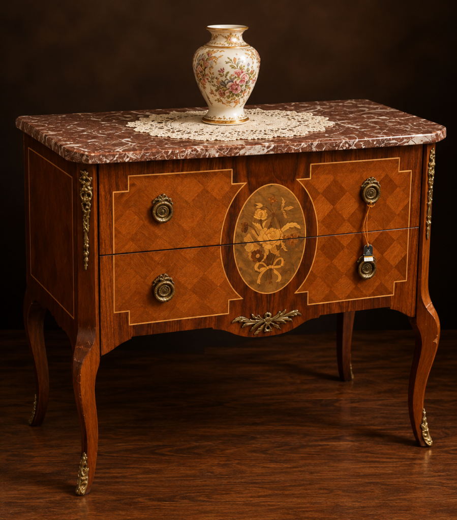 Front view of a vintage French Louis XVI style wooden commode with two drawers, a central oval floral marquetry design, and a red marble top.