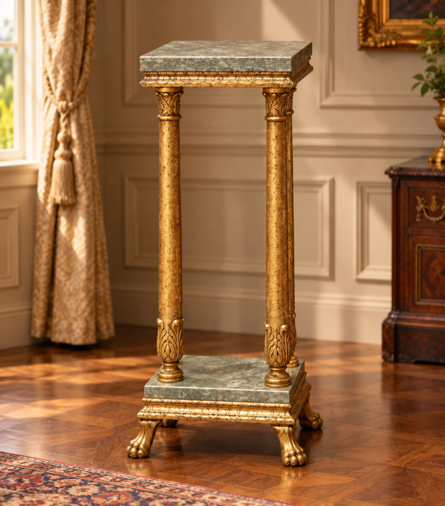 Antique French Louis XVI style pedestal stand table, c. 1900, featuring green-grey veined marble platforms, ornate gilt bronze columns, and elegant paw feet.