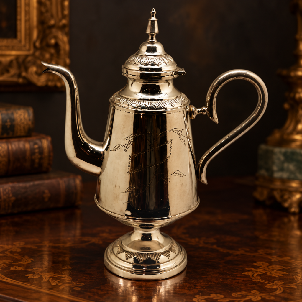Antique Swedish silver-plated coffee pot by Carl Keijser Co. with hand-etched floral patterns (c. 1900 - 1920)