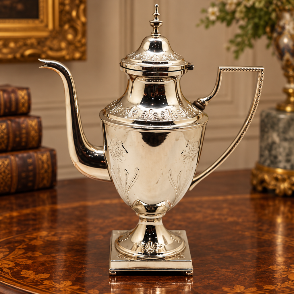 Antique Swedish silver plated teapot by Carl Keijser Co with rare square base and geometric handle