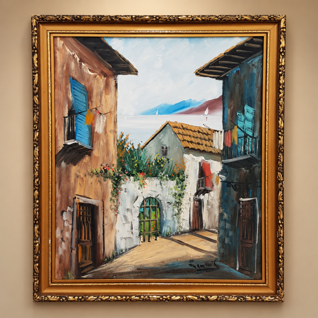 Vintage R Gallo Italian street scene oil painting with coastal villas and sailboats in gold frame 1950