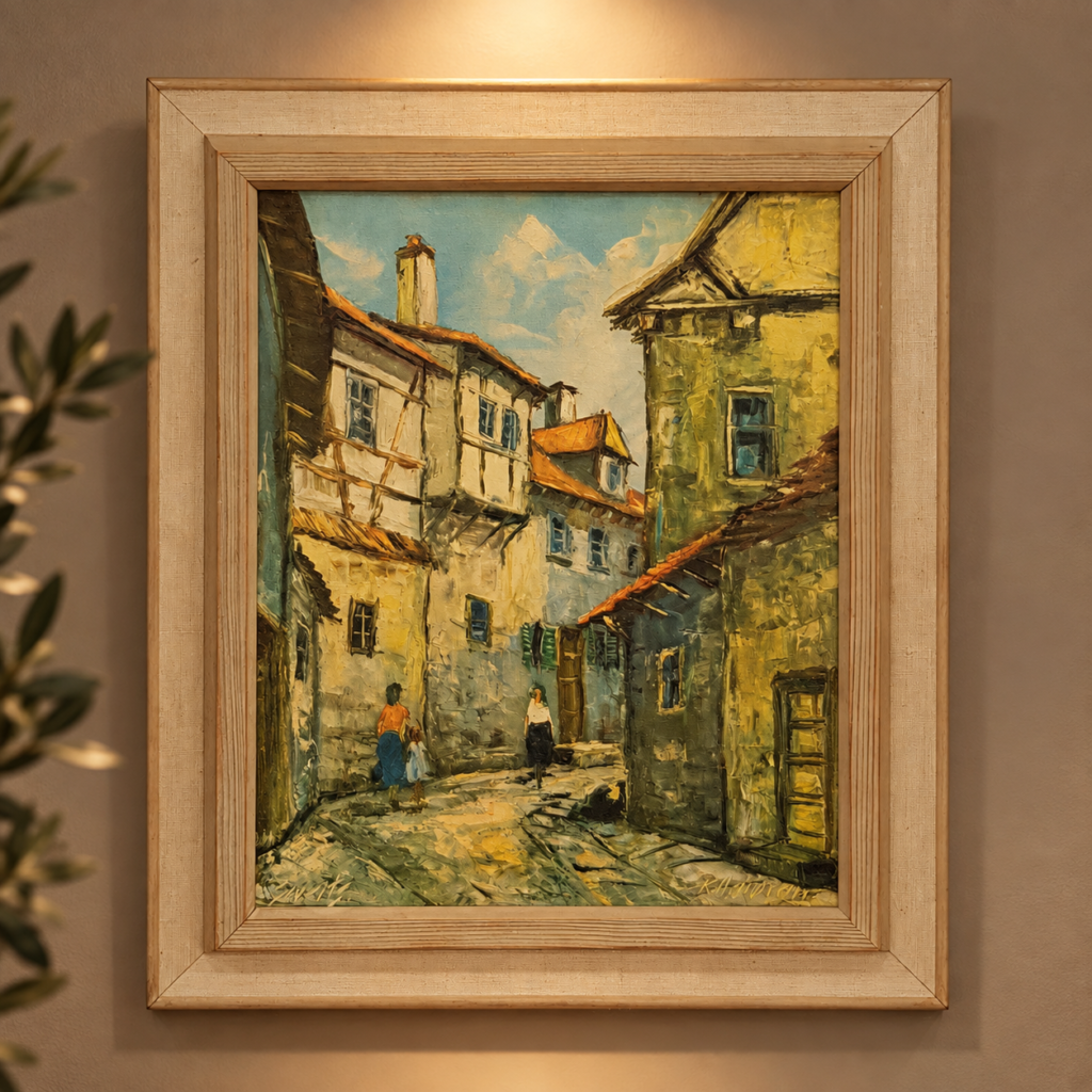 A mid-century European oil painting, c. 1950, depicting a historic cobblestone street with rustic houses and two figures, signed “Schultz” and “R. Anton,” in a beige vintage wooden frame.