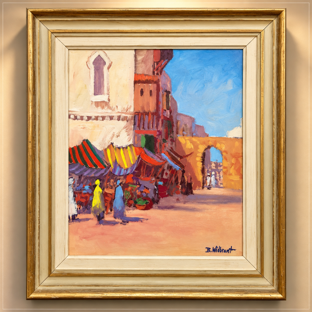 Mid-century Orientalist oil painting by Swedish artist Bertil Widbrant, c. 1950s, depicting a colorful North African market street with figures,