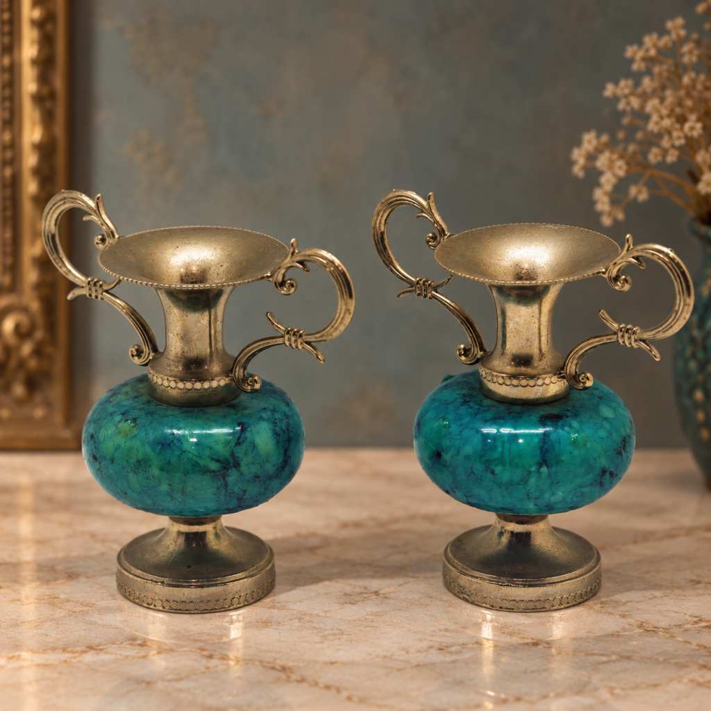 Pair of vintage Italian decorative urn vases made of translucent Turquoise alabaster stone and ornate polished brass handles from the 1950s.