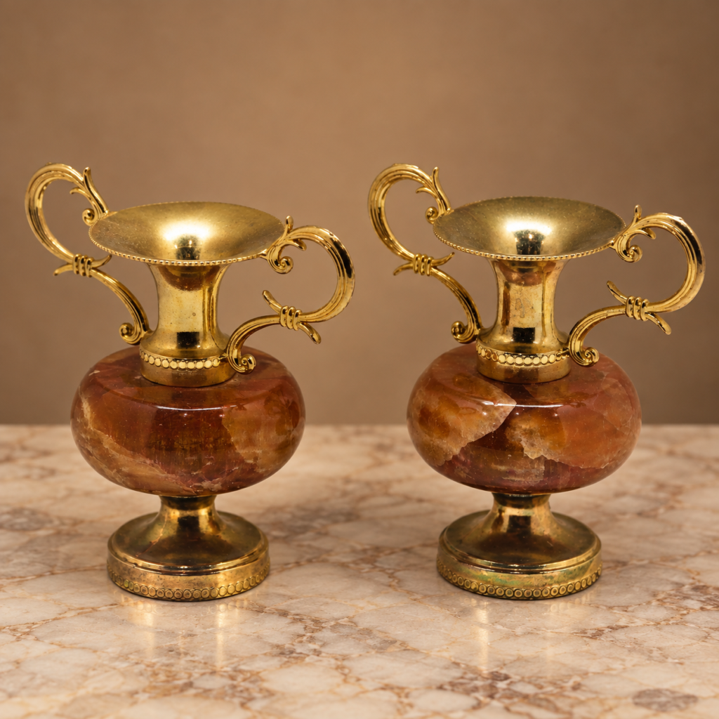 Pair of vintage Italian decorative urn vases made of translucent brown alabaster stone and ornate polished brass handles from the 1950s.