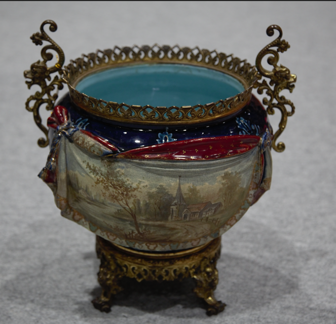 Antique French Sèvres-style porcelain and ormolu jardinière, c. 1890, featuring ornate gilt-bronze mounts and decorative porcelain detailing.