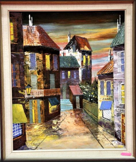 Original mid-century oil painting by E. Søgård depicting a colorful vintage European street scene with old apartment buildings and a cozy cafe, framed in a classic wooden border.