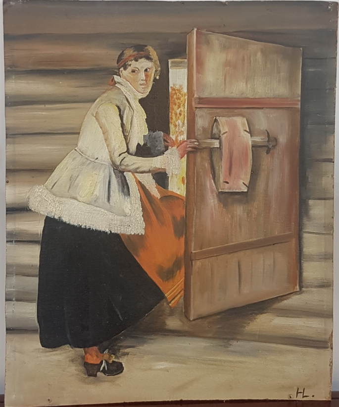 Front view of a vintage Swedish oil painting of a peasant woman in traditional dress opening a wooden log cabin door, signed HL.