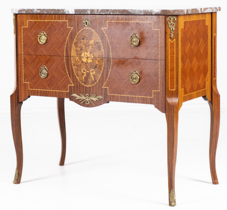 Vintage French Louis XVI Style Marquetry Commode – Two-Drawer Chest with Rouge Marble Top c.1950s - Image 3