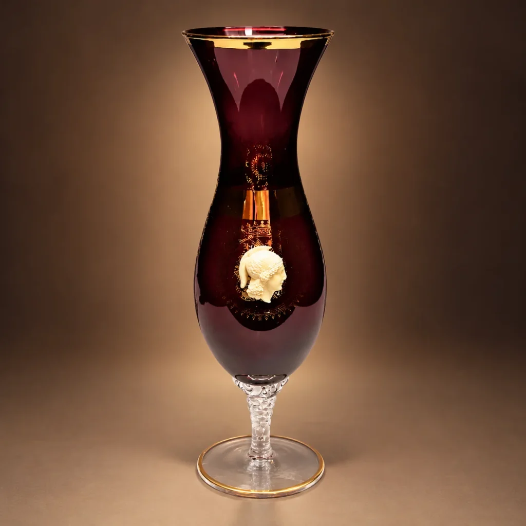 Antique Bohemian Amethyst Glass Vase made of deep purple amethyst blown glass, featuring a central white raised porcelain cameo profile portrait medallion, finished with elegant 24K gold gilt bands and a clear textured glass stem.