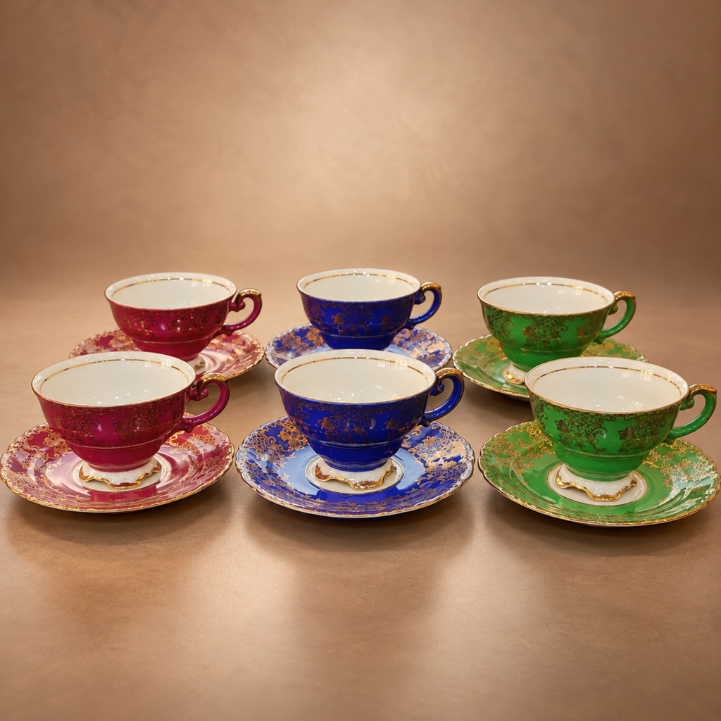 Vintage Bavaria porcelain demitasse cups and saucers set in cobalt blue, burgundy, and emerald green with 22k gold gilt overlays from the 1950s.