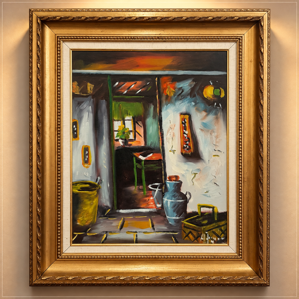 Vintage mid-century impressionist interior oil painting on canvas by A. Jansson, c. 1950s, depicting a rustic European domestic interior with ceramic vessels, baskets and furniture, presented in an ornate gilt wooden frame.