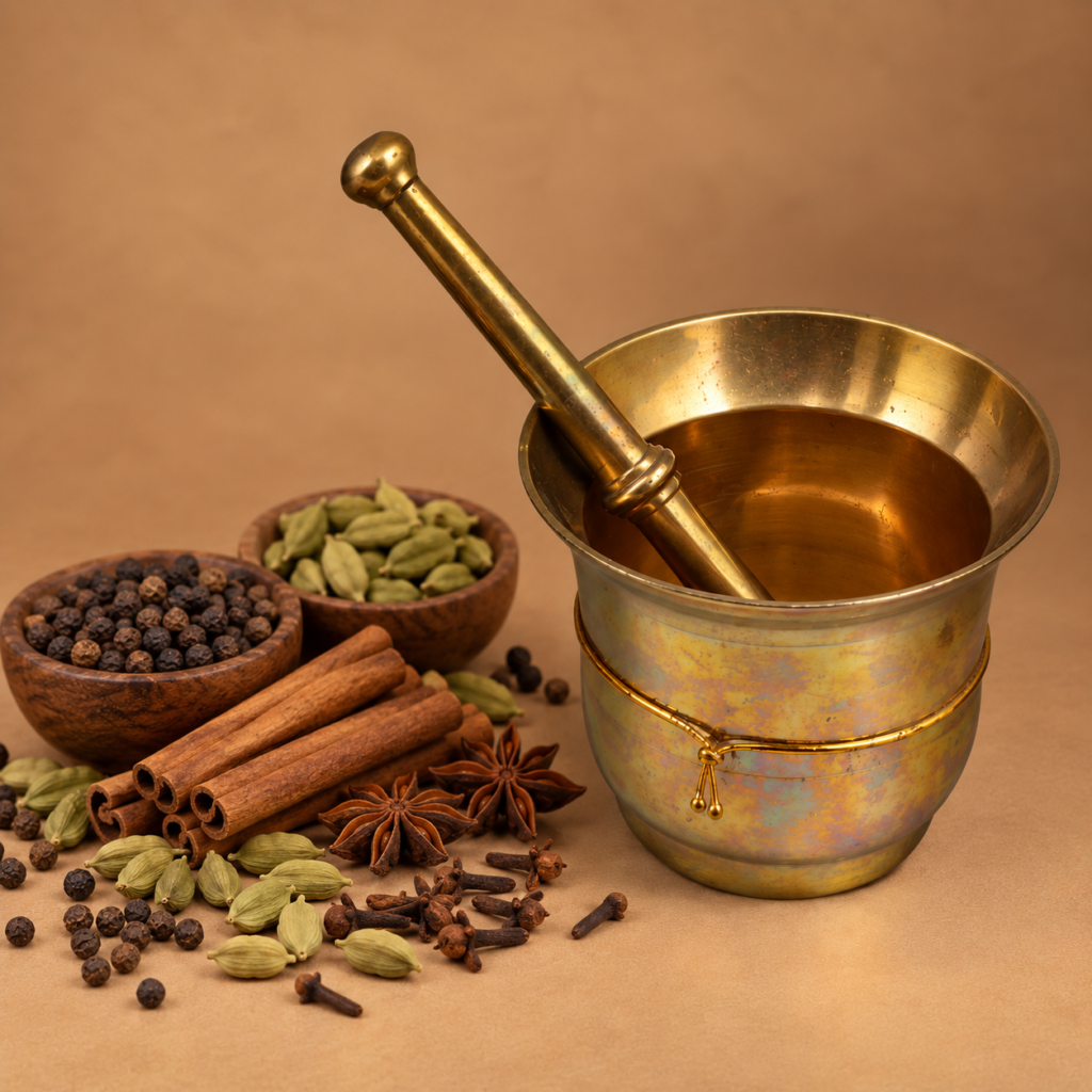 Traditional heavy-duty solid cast brass mortar and pestle with a warm, natural, aged golden patina from the 1940s.