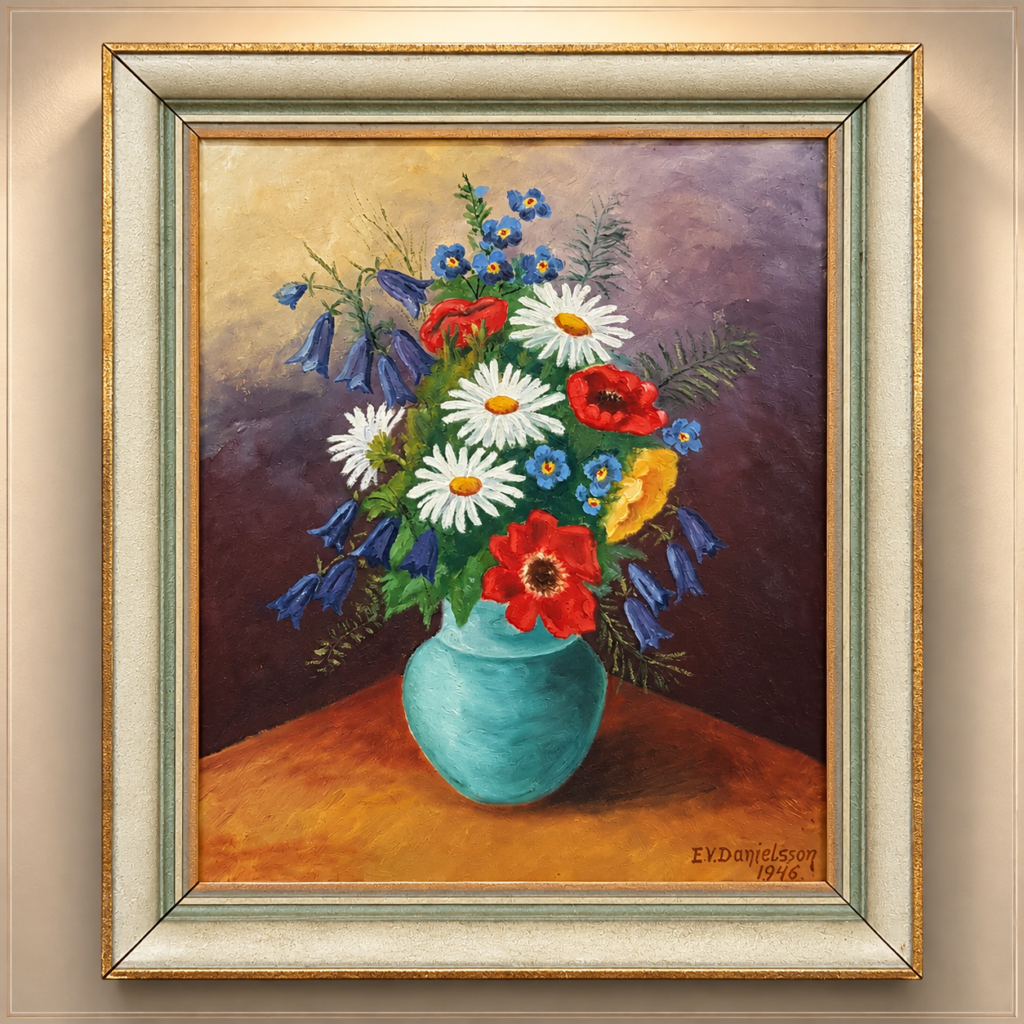 Vintage Swedish floral still life oil painting signed E. V. Danielsson and dated 1946, depicting colorful wildflowers and daisies arranged in a turquoise vase, presented in a vintage ivory, pale green, and gilt wooden frame.