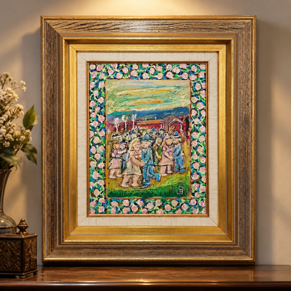 Vintage Swedish naïve oil painting by Hans Henrik Ångsäter, c. 1970s, depicting a colorful figurative folk scene with thick impasto and a painted floral border, presented in a layered gilt and wooden vintage frame.