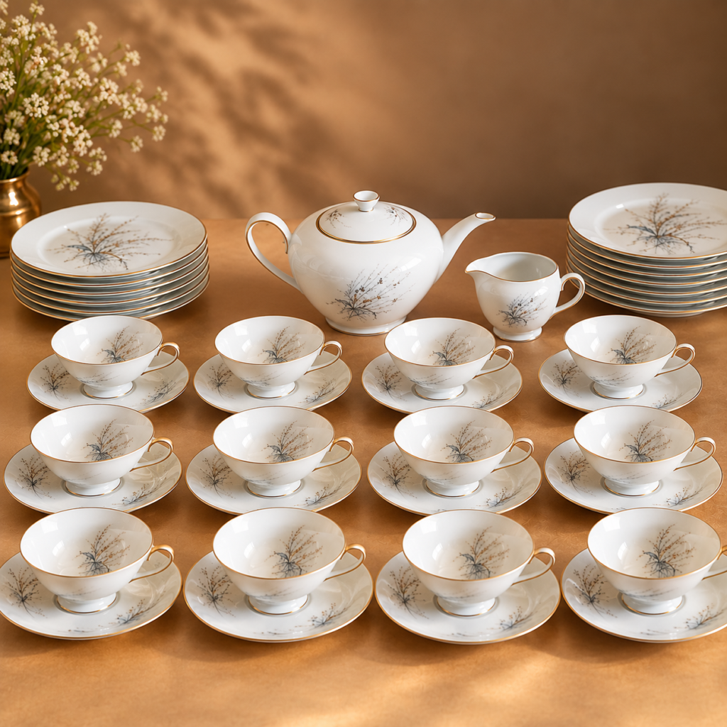 Comprehensive vintage Tirschenreuth Bavaria porcelain tea-and-coffee service set from the 1950s, featuring delicate grey wheat sprigs and silver trim.