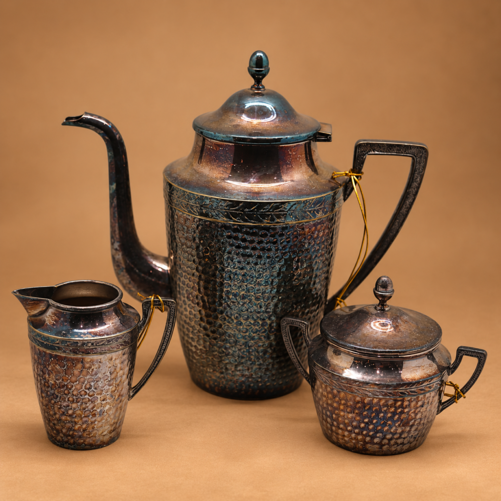 Vintage WMF German silver-plated 3-piece coffee service set with a hand-hammered texture and geometric Art Deco handles from the 1930s.