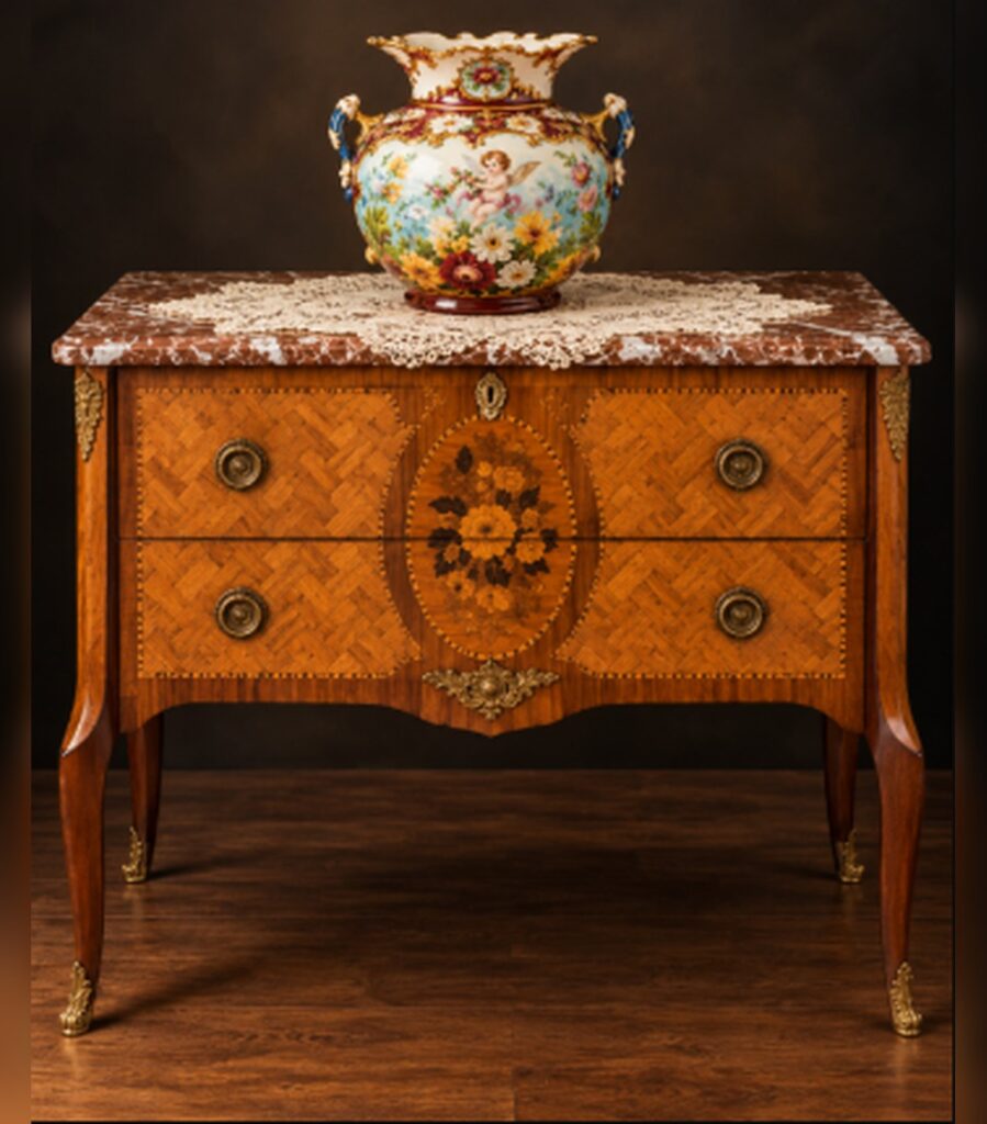 Direct front view of a vintage French Transition style wooden two-drawer commode featuring fine floral marquetry inlay, gilt bronze hardware, and a red veined marble top