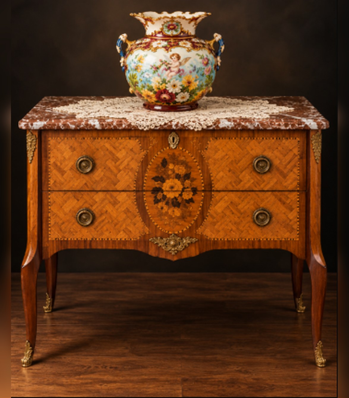 Direct front view of a vintage French Transition style wooden two-drawer commode featuring fine floral marquetry inlay, gilt bronze hardware, and a red veined marble top