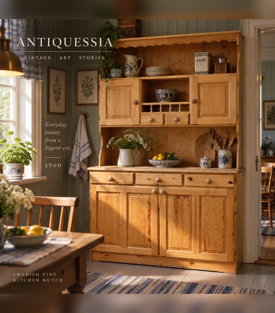 A large vintage 1960s Swedish pine kitchen hutch and buffet cabinet with open display shelves, drawers, and lower storage, styled in a warm rustic dining room.