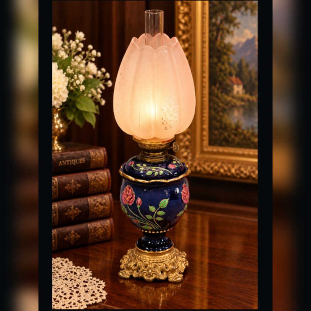 Antique porcelain oil lamp featuring a rich cobalt blue body with delicate floral decoration, elegant gilt detailing, and classic late 19th-century design.