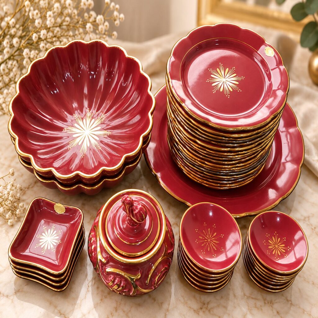 Extensive vintage Swedish ruby red porcelain serving set designed by Arthur Percy for Gefle Upsala-Ekeby, showing a large tower of dinner plates, serving bowls, a lidded tureen, and small side dishes with gold stardust decorations.