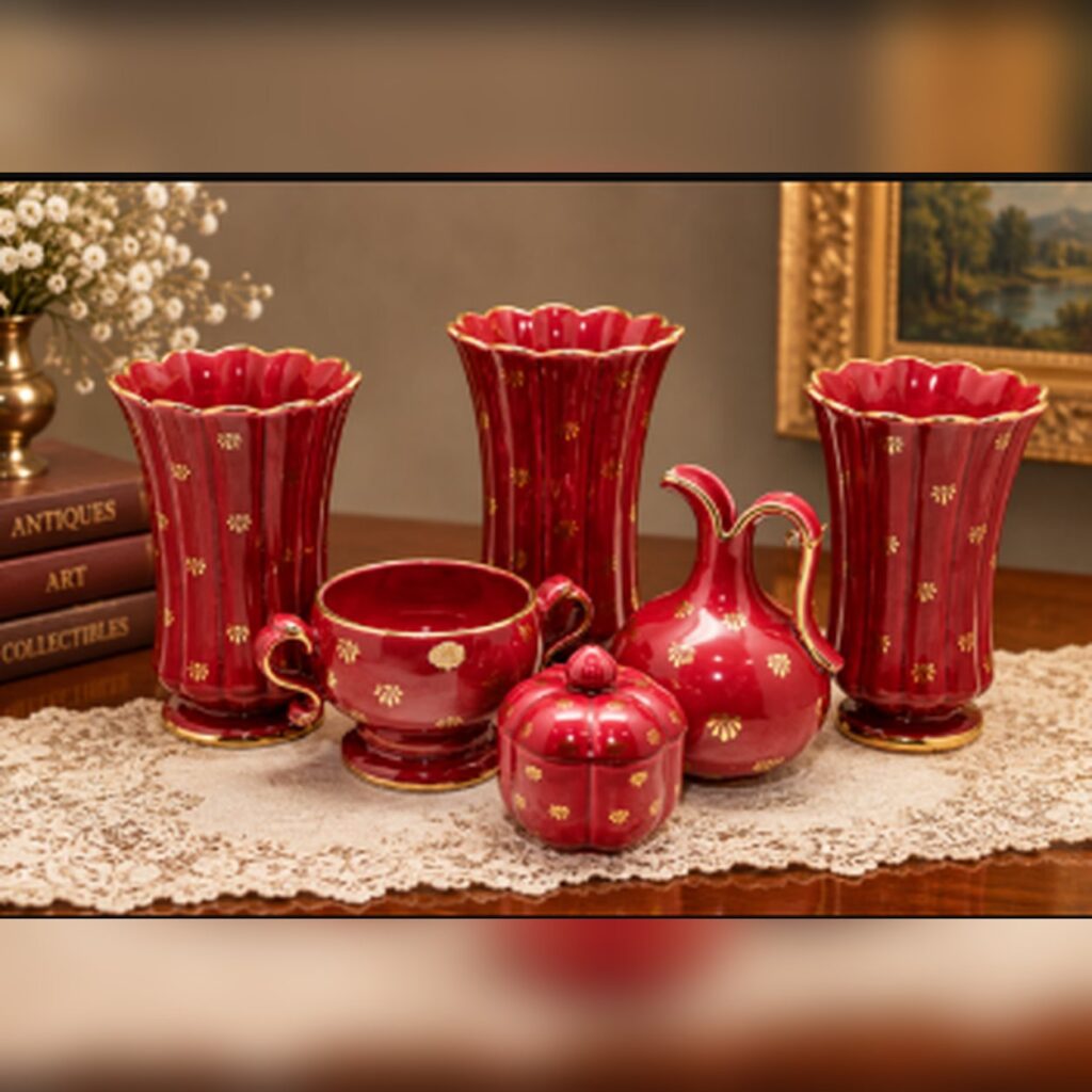 Vintage 6-piece Swedish ruby red porcelain set designed by Arthur Percy for Gefle Upsala-Ekeby, including three scalloped vases, a twin-handled bowl, a lidded jar, and a pitcher with gold-gilded accents.