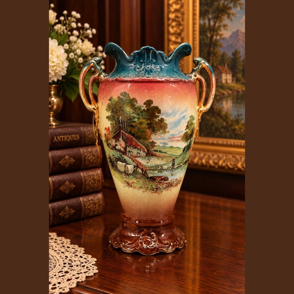 Antique Victorian English twin-handled porcelain vase with gold scroll handles and a painted rural landscape scene showing a cottage and grazing sheep.