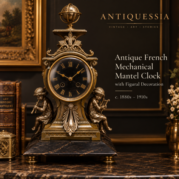 Antique French mechanical mantel clock with ornate figural decoration and Roman numeral dial, c. 1880s–1910s.