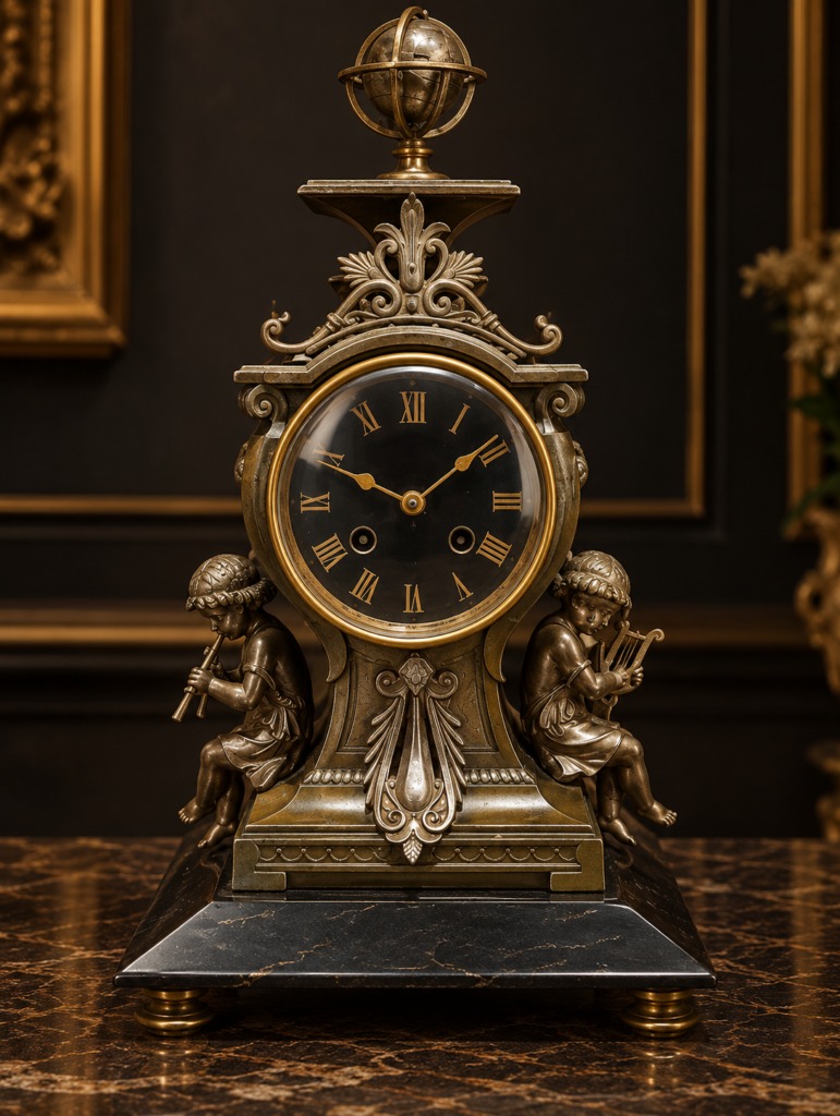Front view of an antique French Blot & Trouard patinated bronze mantel clock featuring a celestial globe on top and two cherubs playing musical instruments on the sides