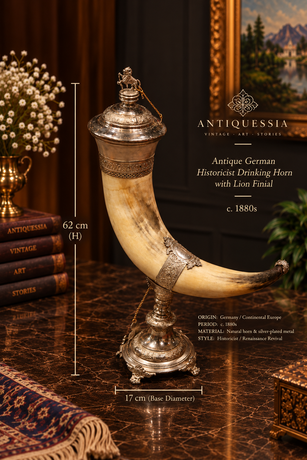 An impressive late 19th-century ceremonial drinking horn, featuring a natural horn body mounted with ornate silver-plated metalwork