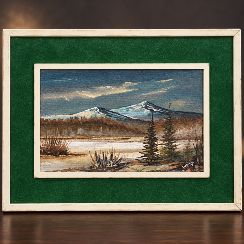 Vintage 1975 Swedish Selander signed oil painting of a snowy Nordic mountain landscape with a lake, green velvet mount, and white wooden frame.